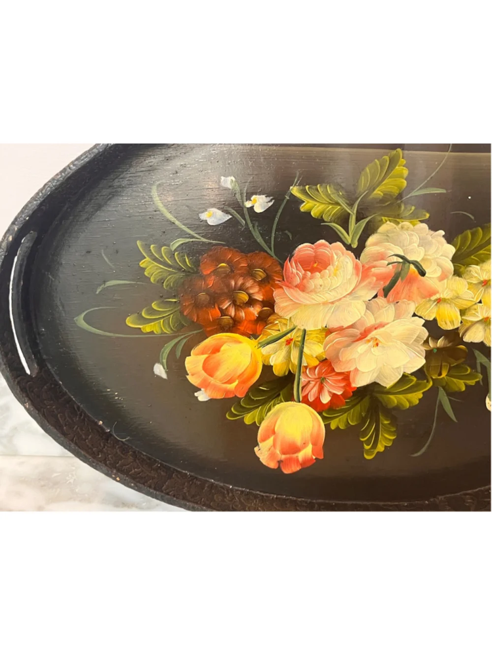 Vintage Hand Painted Wooden Floral Serving Tray Oval Black Toleware Style